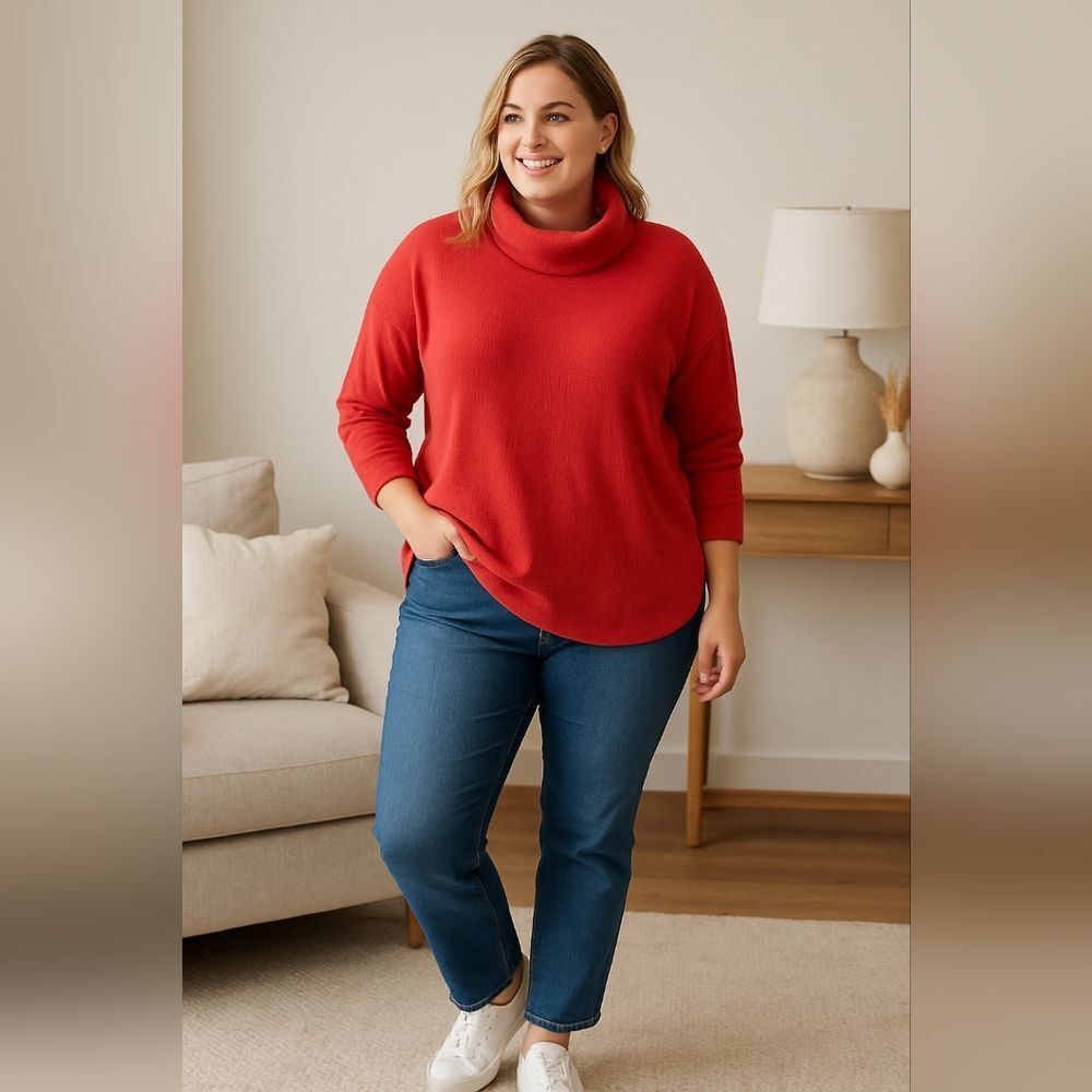 Terra & Sky Solid Red Loose Turtleneck Long Sleeve Blouse - 14W